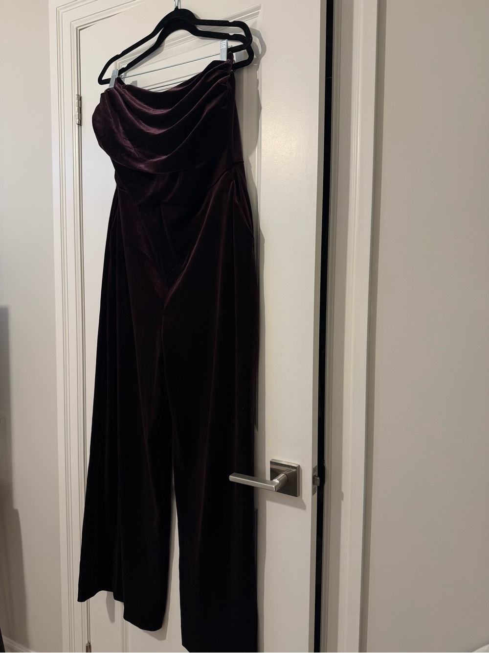 Reiss Andria Burgundy Velvet Drape Strapless Jumpsuit